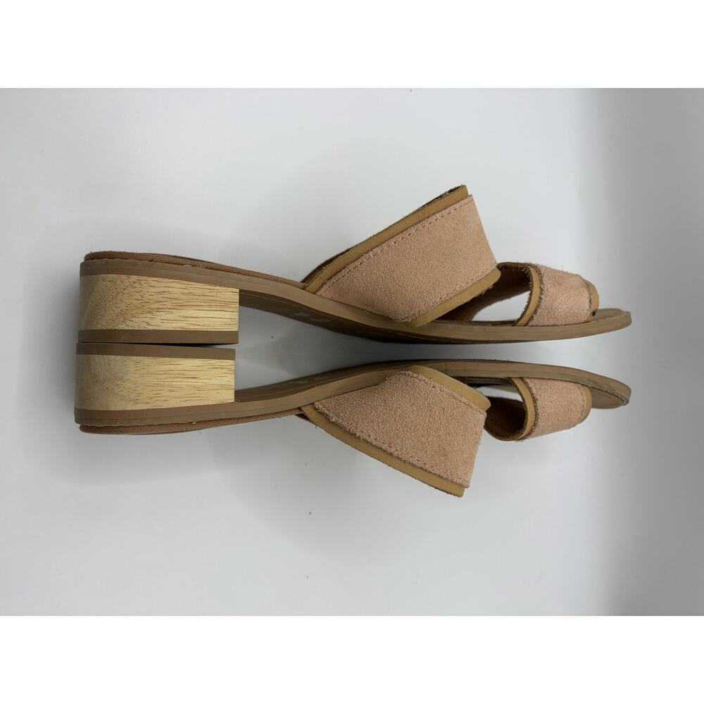 TOMS Suede Slide Sandals Womens 9 Tan Double Strap Block Heel Casual Wood Heel - Picture 3 of 7